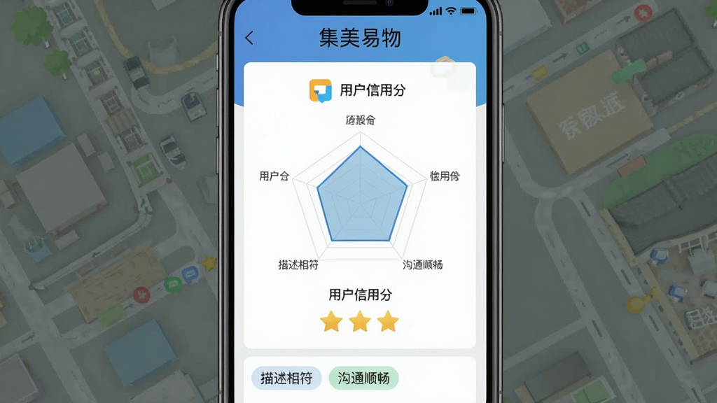 一张集美易物App信用评价体系的界面展示图,画面中显示“集美易物”标题,中间是用户信用分雷达图和五角星评价,底部是评价标签如“描述相符”“沟通顺畅”,布局为上下结构,风格清爽扁平,细节精致,画质干净无杂乱元素