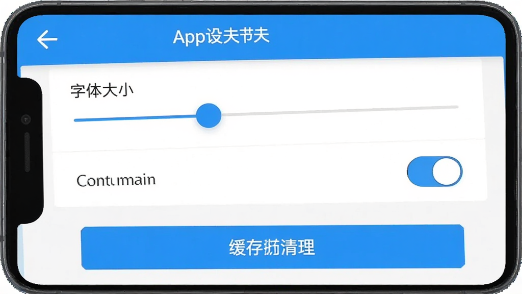 恩大夫App设置界面截图,画面展示手机屏幕内应用设置页面,包含字体大小调节滑块、通知权限开关、缓存清理按钮等选项,界面布局清晰,文字标签明确,蓝白配色,风格扁平化,画质干净
