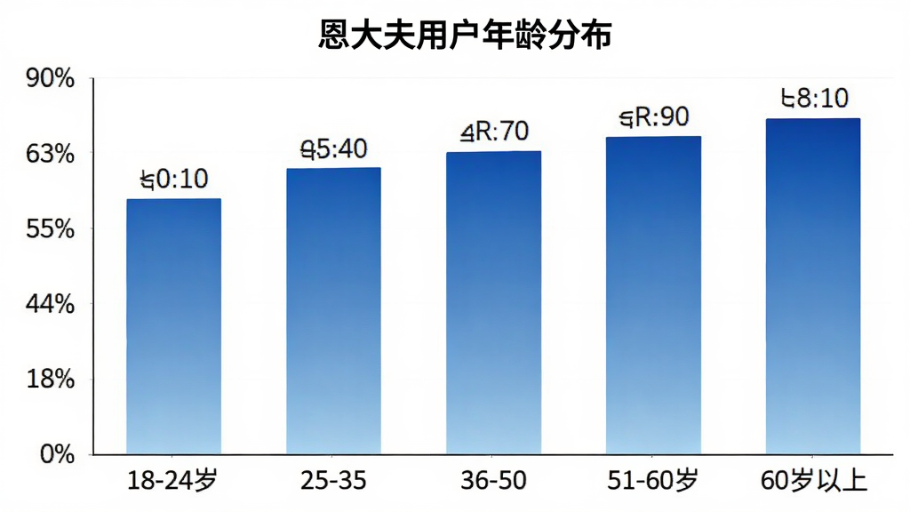 恩大夫用户年龄分布柱状图,横轴为年龄段18-24岁、25-35岁、36-50岁、51-60岁、60岁以上,纵轴为用户占比百分比,柱状图配色采用蓝色渐变,图表标题为“恩大夫用户年龄分布”,背景干净,数据标签清晰可见,风格简洁商务