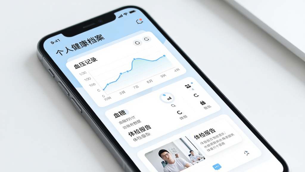恩大夫健康档案管理功能界面展示,画面中一部手机屏幕显示个人健康档案页面,包含血压记录曲线图、血糖数据列表和体检报告缩略图,界面采用卡片式布局,色彩柔和,背景干净,风格现代简约,画质清晰,无杂乱元素