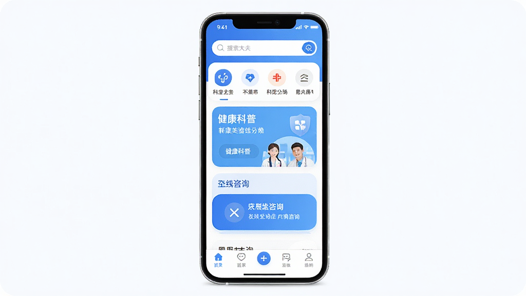 恩大夫App主界面全貌展示,画面中央是手机屏幕,屏幕内显示恩大夫应用首页,顶部有搜索栏和科室分类图标,中间是健康科普卡片和在线咨询入口,底部为导航栏,整体布局采用蓝白配色,风格清新简洁,细节圆润,画质干净无多余元素,4K高清,扁平化设计