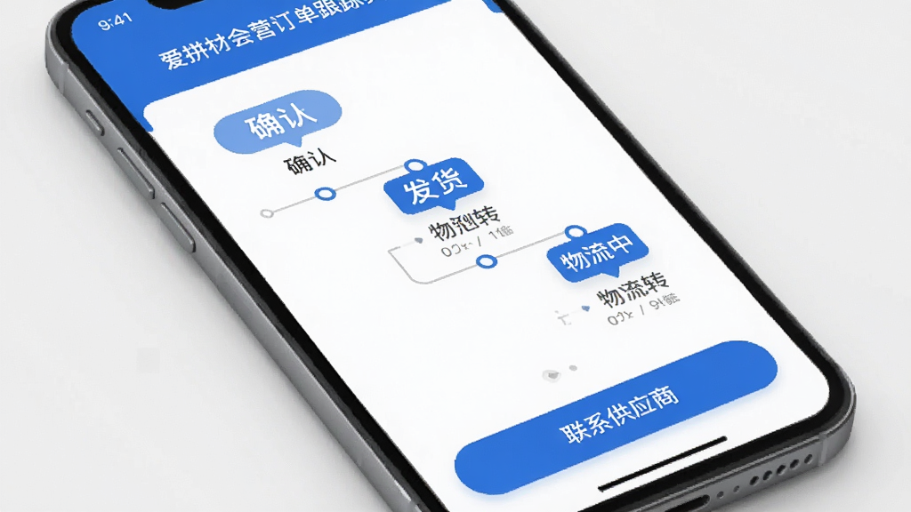 爱拼材会营订单跟踪页面,手机屏幕显示订单状态时间轴,从确认到发货到物流中转各节点清晰标注,底部有联系供应商按钮,界面简洁现代,蓝白配色,画质干净无杂乱