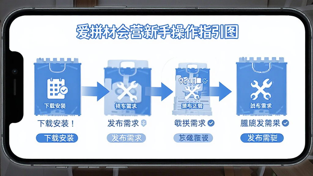 爱拼材会营新手操作指引图,手机屏幕显示分步操作界面,从下载安装到发布需求各步骤用箭头标注,配有文字说明,背景简洁,蓝白配色,画质清晰