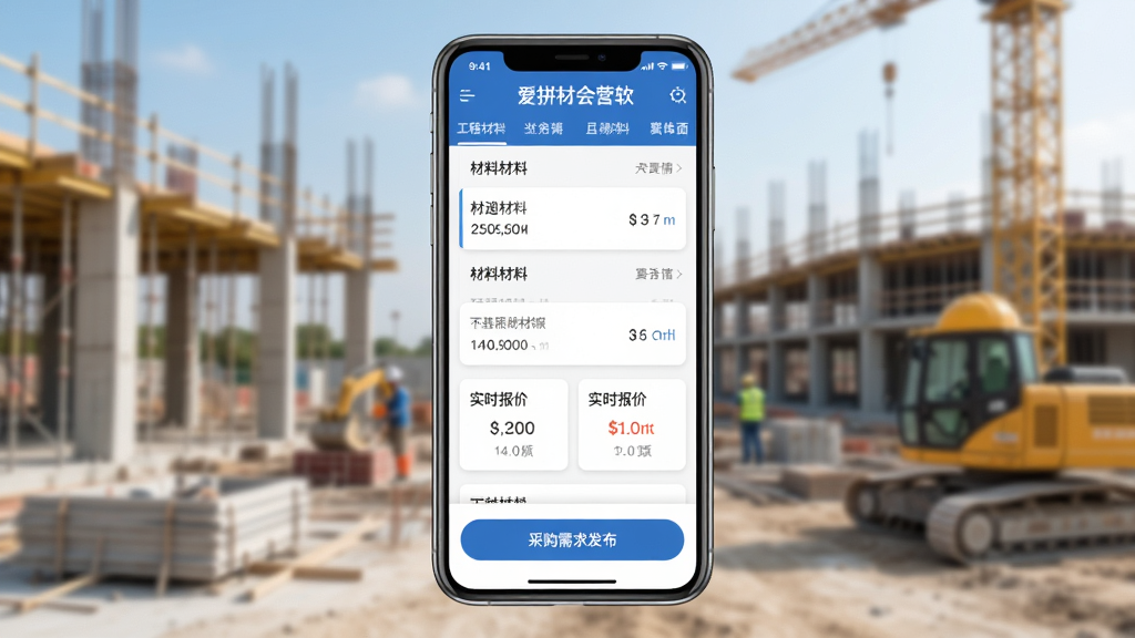 爱拼材会营软件主界面展示,手机屏幕居中,界面顶部显示工程材料分类导航栏,中间是材料列表和实时报价卡片,底部有采购需求发布按钮,背景是干净的工地场景虚化,蓝白配色,扁平化设计风格,画质清晰,无多余元素