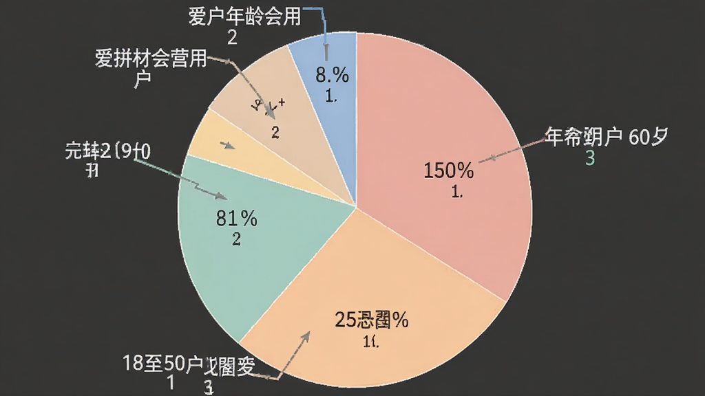 爱拼材会营用户年龄分布饼状图,图表显示18到60岁不同年龄段用户占比,配色柔和,数据标签清晰,背景干净,扁平化设计风格