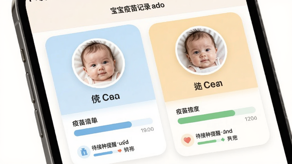 宝宝疫苗记录软件多宝宝管理界面,手机屏幕显示两个宝宝的头像和名字,每个宝宝下方有各自的疫苗接种进度条和待接种提醒,界面采用卡片式设计,配色柔和区分不同宝宝,风格温馨整洁,画质干净无多余元素