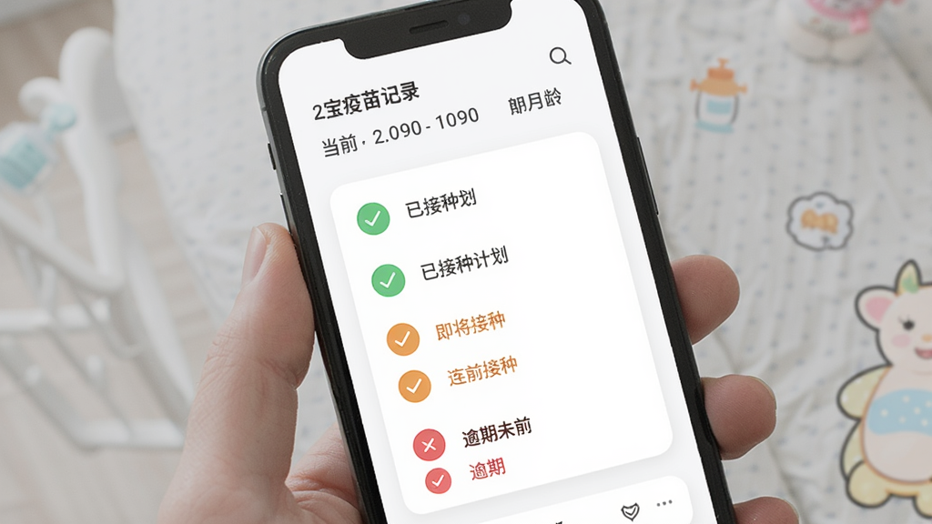 宝宝疫苗记录软件疫苗接种时间轴界面,手机屏幕显示从出生到六岁的疫苗接种计划列表,绿色对勾表示已接种,橙色表示即将接种,红色表示逾期未接种,界面顶部有宝宝姓名和当前月龄,背景为白色卡片式布局,风格简洁清晰,画质干净无多余元素