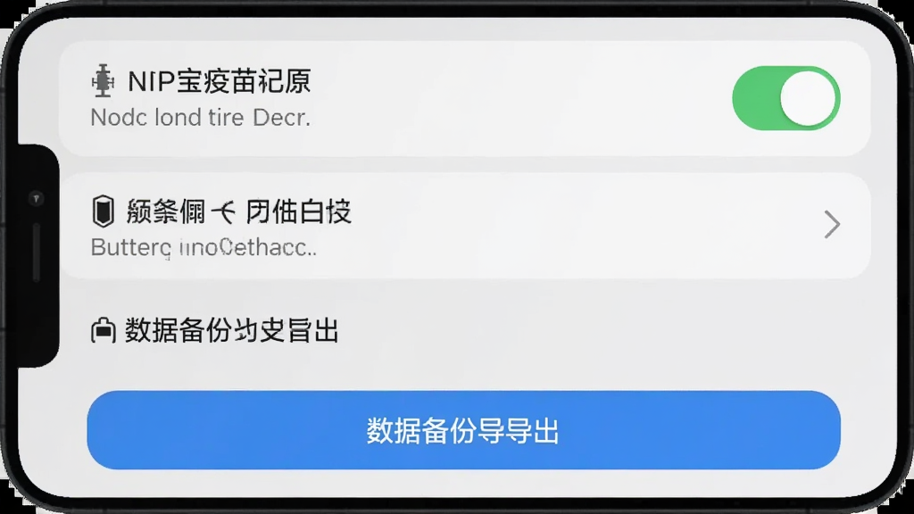 宝宝疫苗记录软件设置界面,手机屏幕显示通知权限开关、电池优化白名单设置、数据备份导出按钮,界面布局清晰,每个设置项有简短说明文字,背景为浅灰色,风格简洁实用,画质干净无多余元素