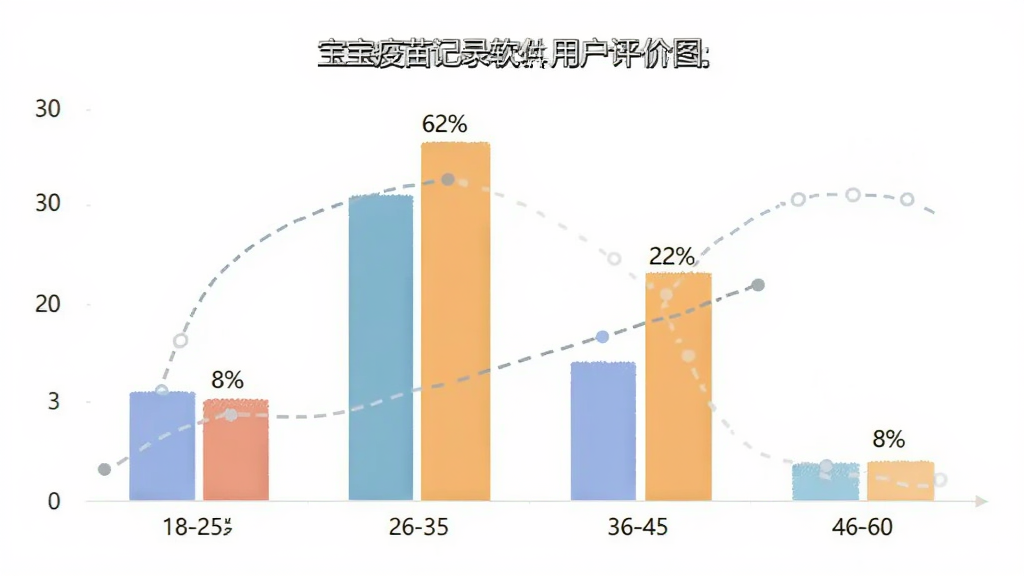 宝宝疫苗记录软件用户评价数据图表,柱状图显示不同年龄段用户占比,18-25岁占8%,26-35岁占62%,36-45岁占22%,46-60岁占8%,图表配色柔和,背景干净,风格简洁现代,画质清晰无多余元素