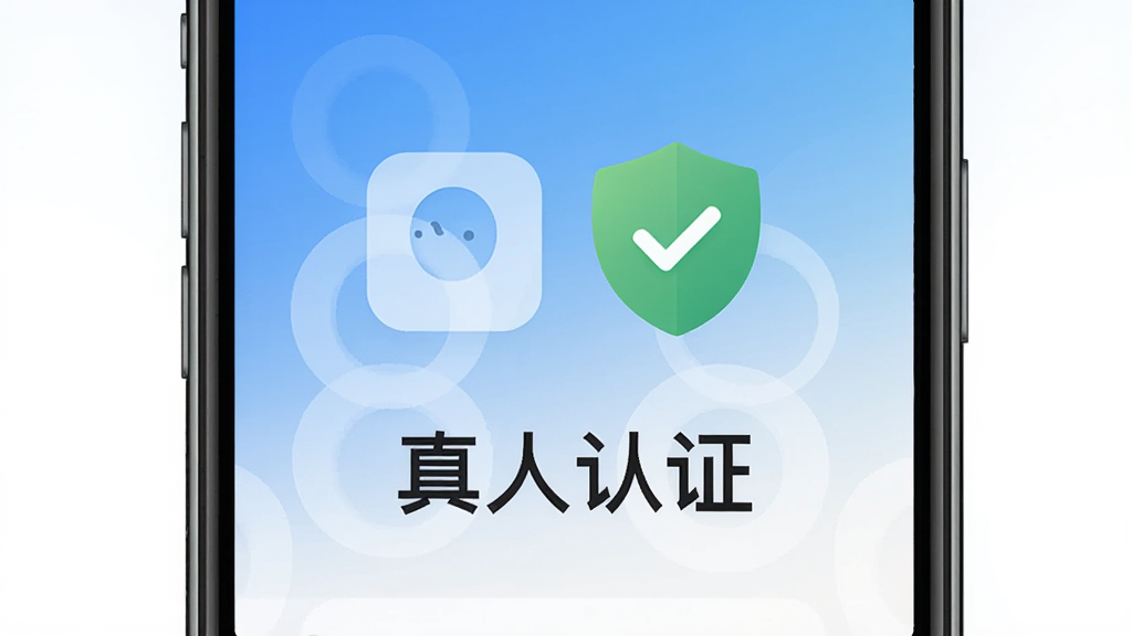 熟了App真人认证界面,手机屏幕显示认证通过标识,旁边有绿色盾牌图标,背景是简洁的蓝白渐变,画面中央有“真人认证”字样,风格现代扁平,画质清晰
