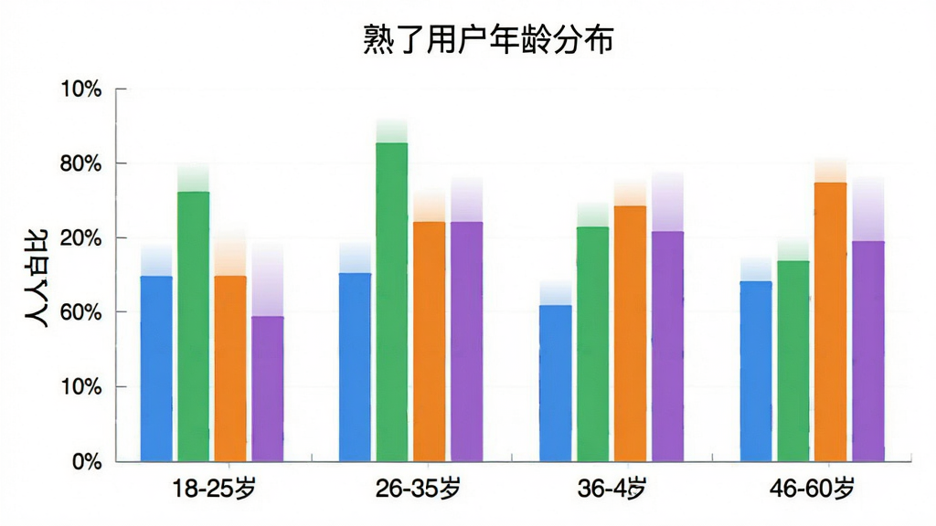 熟了App用户年龄分布柱状图,横轴标注年龄段18-25岁、26-35岁、36-45岁、46-60岁,纵轴标注人数占比,柱状图颜色分别为蓝色、绿色、橙色、紫色,图表标题为“熟了用户年龄分布”,风格简洁数据可视化,画质干净无多余元素