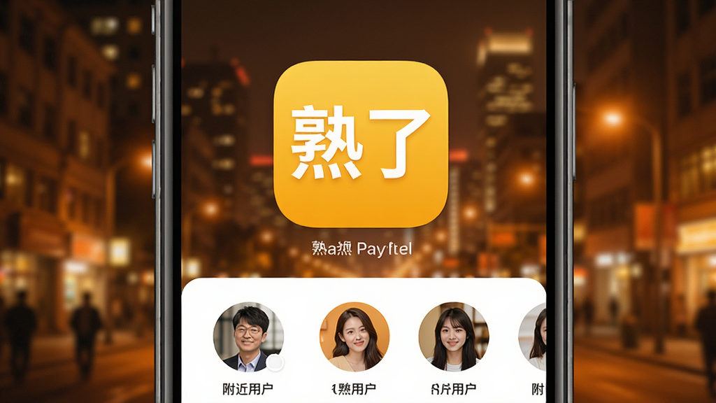 熟了App主界面展示,手机屏幕中央是醒目的“熟了”应用图标,图标下方显示附近用户头像列表,背景是温暖的城市夜景,整体风格清新简洁,画质干净,无多余元素