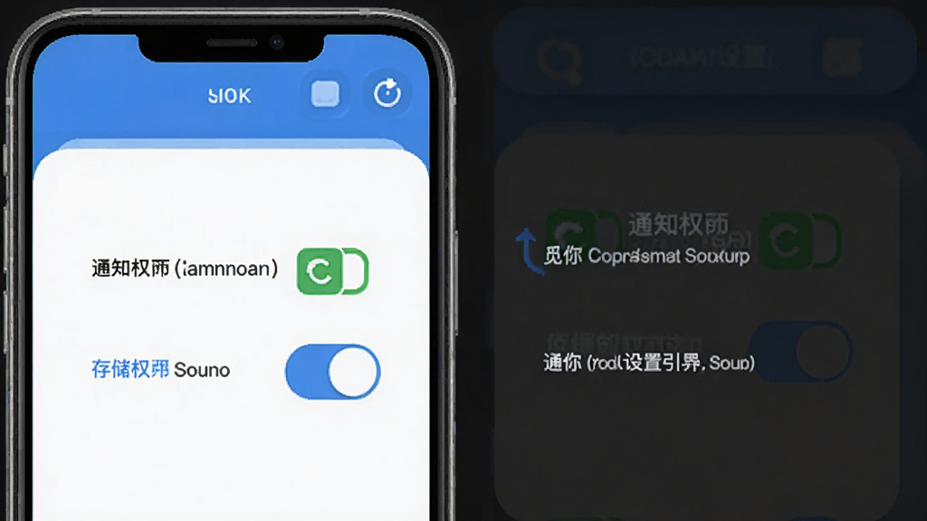 觅你App权限设置引导界面,手机屏幕显示通知权限和存储权限的开关按钮,旁边有文字说明,界面简洁,蓝白色调,圆角图标,画质清晰,无广告元素