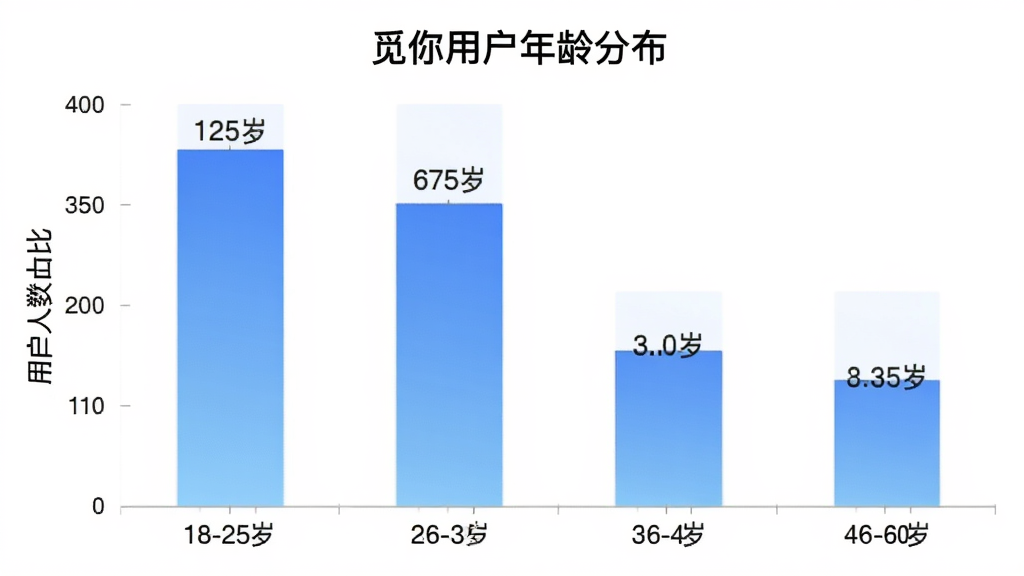 觅你App用户年龄分布柱状图,横轴为年龄段18-25岁、26-35岁、36-45岁、46-60岁,纵轴为用户人数占比,柱状图颜色为蓝色渐变,图表标题为“觅你用户年龄分布”,背景干净,数据标签清晰,扁平化设计风格