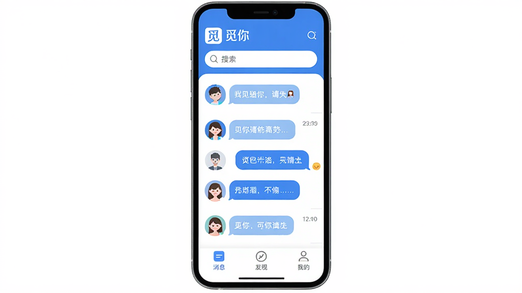 觅你App主界面全貌展示,手机屏幕中央显示觅你App的聊天列表页面,顶部是觅你Logo和搜索栏,中间排列着几个头像和对话气泡,底部是消息、发现、我的三个选项卡,整体以蓝白色调为主,风格清新简洁,画质干净,无多余元素,扁平化设计,圆角图标