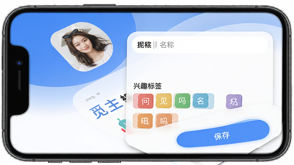 觅你App个人主页编辑界面,手机屏幕展示头像上传区域、昵称输入框、兴趣标签选择区,标签以彩色小方块排列,底部是保存按钮,界面布局清晰,蓝白配色,圆角设计,画质干净,无多余装饰