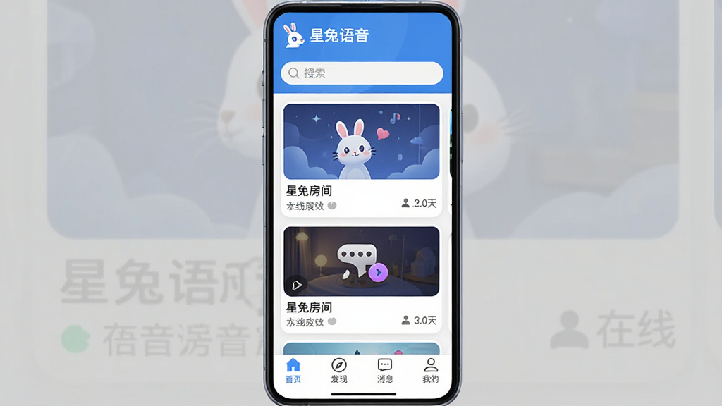 一张展示“星兔语音”App核心界面的手机屏幕截图,画面中央是App的主页,顶部有“星兔语音”的Logo和搜索栏,中间是几个不同主题的语音房间卡片,卡片上显示房间封面、名称和在线人数,底部是“首页”、“发现”、“消息”、“我的”四个导航图标,界面风格现代简洁,以蓝色和白色为主色调,画质干净清晰,无多余元素