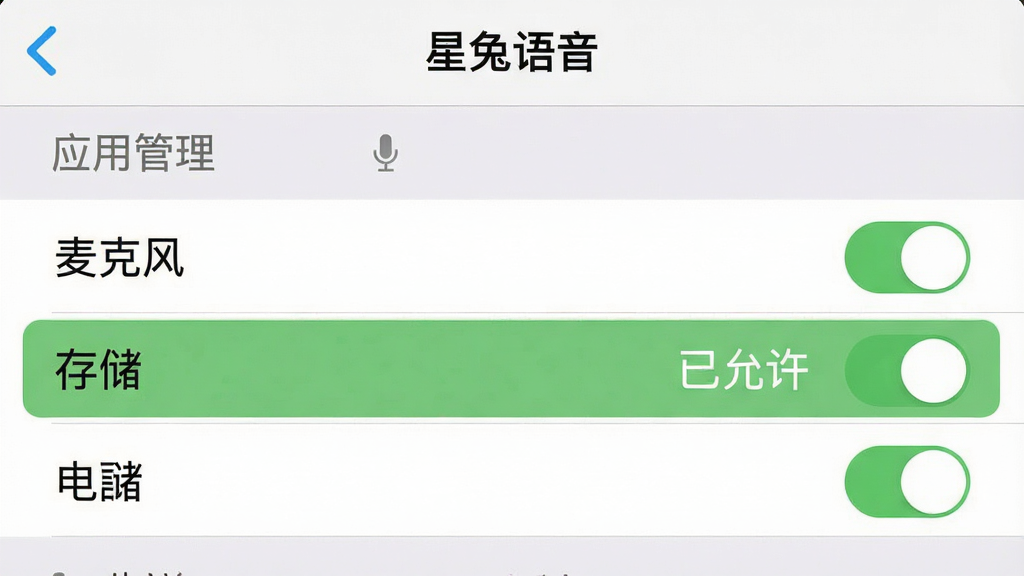 一张展示“星兔语音”手机端权限设置界面的截图,画面中是一个手机设置页面,显示“应用管理”下的“星兔语音”权限列表,包含“麦克风”、“存储”、“电话”等权限开关,其中“麦克风”和“存储”权限被高亮标注为“已允许”,界面风格简洁,以白色和浅灰色为主,文字清晰,画质干净,无多余元素