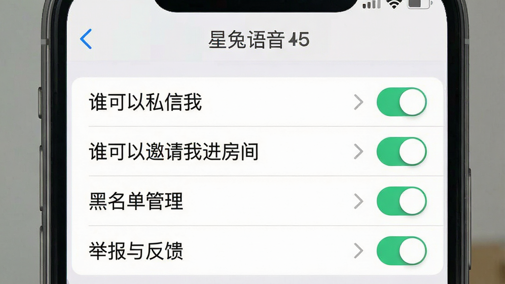 一张展示“星兔语音”隐私安全设置界面的手机截图,画面中是一个设置列表,包含“谁可以私信我”、“谁可以邀请我进房间”、“黑名单管理”、“举报与反馈”等选项,每个选项右侧有开关按钮或箭头图标,界面风格简洁,以白色和浅灰色为主,文字清晰,画质干净,无多余元素