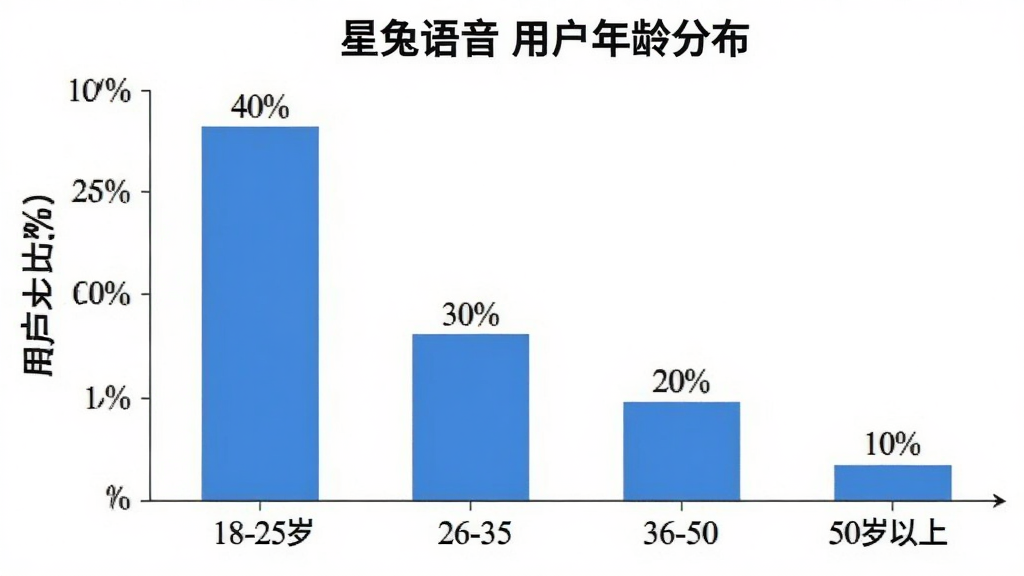 一张展示“星兔语音”用户年龄分布的柱状图,横轴是年龄段,纵轴是用户占比百分比,柱状图显示18-25岁占比最高,约为40%,26-35岁占比约30%,36-50岁占比约20%,50岁以上占比约10%,图表背景为白色,柱体为蓝色,数据标签清晰,风格简洁,画质干净,无多余元素
