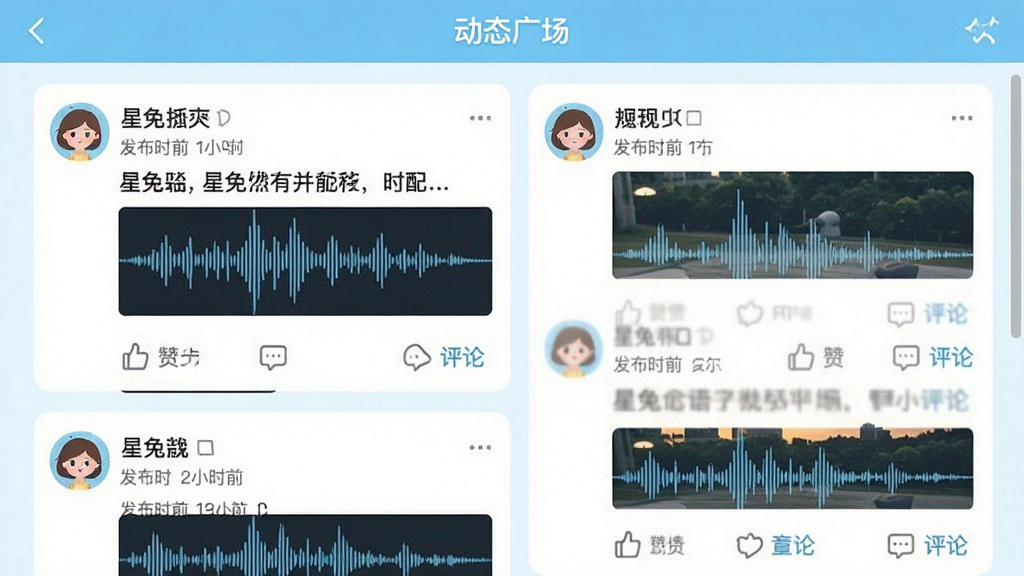 一张展示“星兔语音”动态广场功能的界面截图,画面中是一个瀑布流式的动态列表,每条动态包含用户头像、昵称、发布时间、文字内容或语音波形图、以及点赞和评论按钮,顶部有“动态广场”标题,整体界面风格清新,以浅蓝色和白色为主色调,文字清晰,画质干净,无多余元素