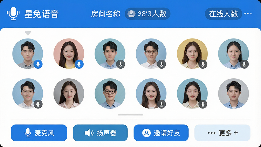 一张展示“星兔语音”多人语音连麦功能的界面截图,画面中是一个语音房间的布局,上方显示房间名称和在线人数,中间是8个用户的圆形头像,部分头像带有麦克风图标表示正在发言,下方是一排功能按钮,包括“麦克风”、“扬声器”、“邀请好友”、“更多”,整体界面风格清爽,以蓝色和白色为主色调,画质干净,无多余元素