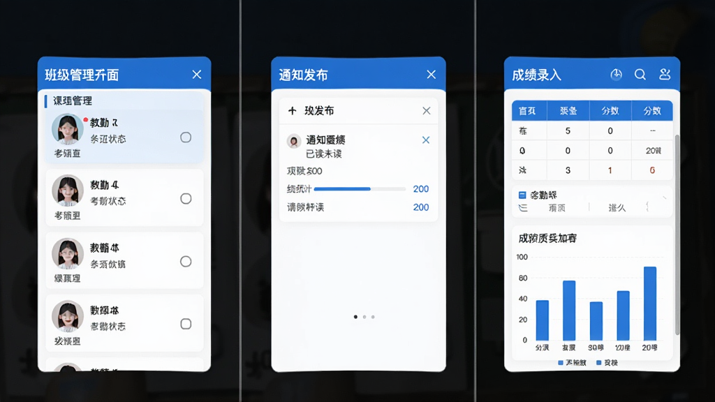 课教帮教师端 功能界面组合展示,画面分为三个部分,左侧是班级管理界面,显示学生头像列表和考勤状态;中间是通知发布界面,显示已读未读人数统计;右侧是成绩录入界面,显示分数表格和柱状图,整体风格统一,蓝白配色,界面干净整洁,文字清晰,画质精细,无多余元素