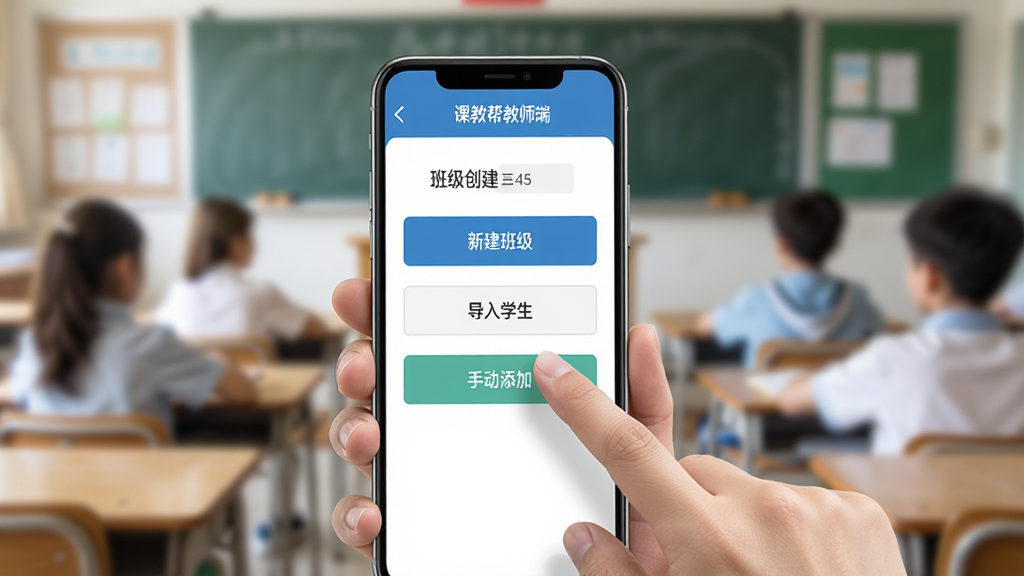 课教帮教师端 操作指引示意图,画面是一只手拿着手机,手机屏幕上显示课教帮教师端的班级创建界面,界面中有“新建班级”“导入学生”“手动添加”三个按钮,手指正指向“导入学生”按钮,背景是教室场景虚化,风格写实,画质清晰,无多余元素