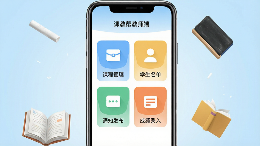 课教帮教师端 应用界面全景展示,画面中央是手机屏幕,屏幕上显示课教帮教师端的首页,包含课程管理、学生名单、通知发布、成绩录入四个主要功能模块的图标,图标下方有对应的中文标签“课程管理”“学生名单”“通知发布”“成绩录入”,手机周围漂浮着粉笔、黑板擦、书本等教学元素,背景是浅蓝色渐变,风格清新简洁,画质干净,无多余元素