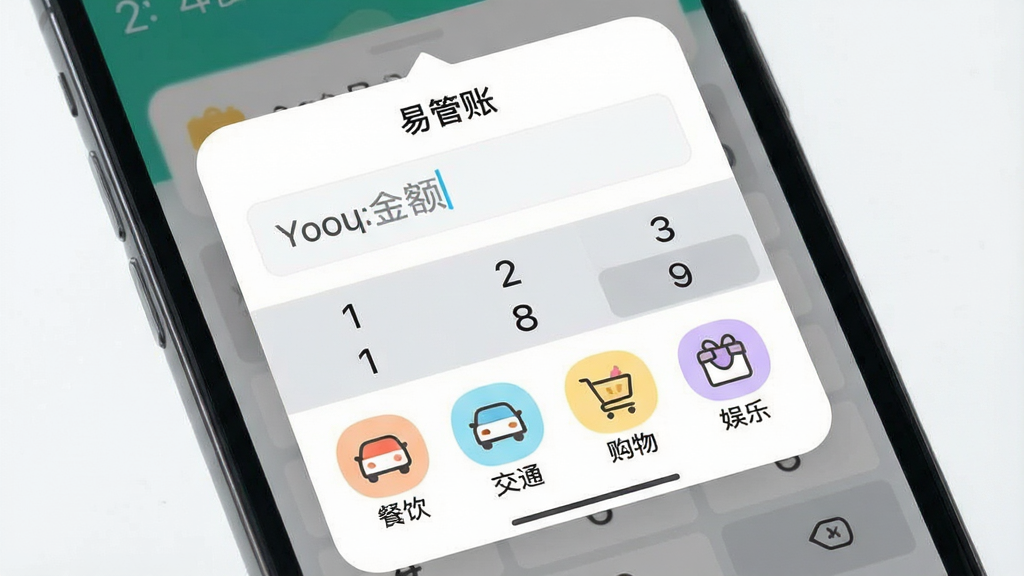 一张手机界面特写图,画面展示“易管账”App的快速记账弹窗界面,弹窗上方显示金额输入框和数字键盘,下方是餐饮、交通、购物、娱乐等分类图标,图标设计简洁可爱,弹窗背景为白色圆角卡片,整体风格清新明亮,画质干净清晰,无多余装饰元素