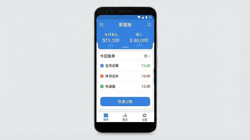 一张手机应用界面展示图,画面中央是一部安卓手机,手机屏幕上显示着“易管账”App的主界面,主界面以蓝白配色为主,顶部显示本月支出和收入的汇总数字,中间区域是今日账单列表和快速记账按钮,底部导航栏有账单、图表、设置三个选项,整体布局干净清爽,背景是浅灰色,风格现代简约扁平化,细节圆润,画质清晰干净无多余元素