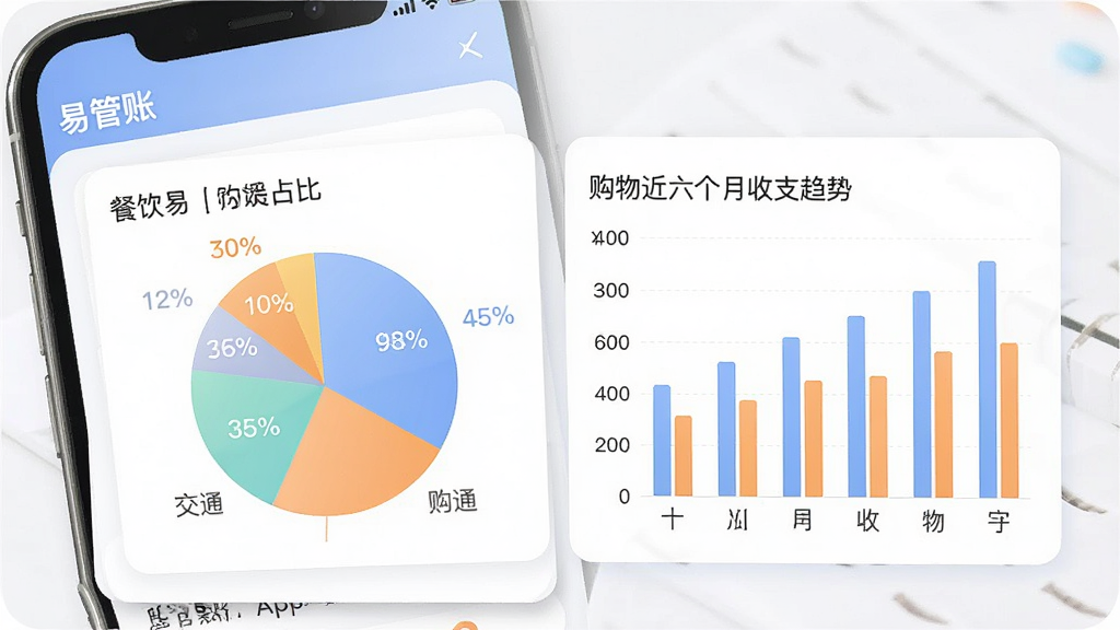 一张“易管账”App的统计图表界面截图风格图,画面展示手机屏幕上的饼状图和柱状图,饼图显示餐饮、交通、购物等分类占比,柱状图显示近六个月收支趋势,图表颜色柔和,以蓝色和橙色为主,背景为白色卡片,整体风格简洁现代,画质清晰干净,无多余元素