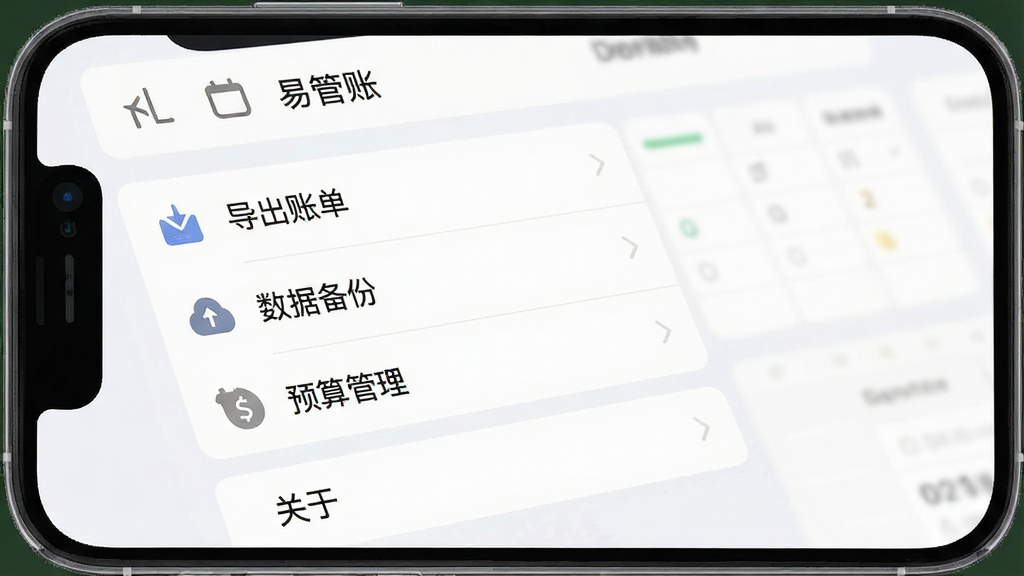 一张“易管账”App设置界面的手机截图风格图,画面展示手机屏幕上的设置菜单,包含“导出账单”“数据备份”“预算管理”“关于”等选项,界面背景为浅色,文字清晰,图标简约,整体风格干净整洁,画质清晰无多余元素