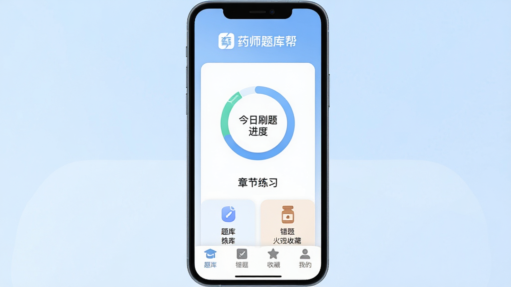 药师题库帮App主界面截图,手机屏幕居中展示,背景为淡蓝色渐变,顶部显示“药师题库帮”文字标识,中间是今日刷题进度环形图和章节练习入口,底部有题库、错题、收藏、我的四个导航图标,整体布局简洁清爽,风格现代扁平化,细节圆润,画质干净无多余元素