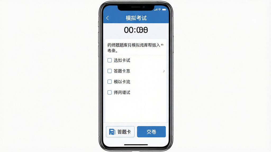 药师题库帮模拟考试界面,手机屏幕展示,顶部显示“模拟考试”和倒计时,中间是单选题题干和四个选项,底部有答题卡和交卷按钮,界面风格严谨清晰,蓝白色调,布局对齐工整,画质干净无多余元素