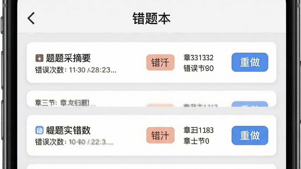 药师题库帮错题本页面,手机屏幕展示,顶部显示“错题本”标题,下方列表展示错题条目,每条包含题目摘要、错误次数标签和章节归属,右侧有重做按钮,背景为浅灰色,卡片式布局,风格简洁实用,画质清晰干净