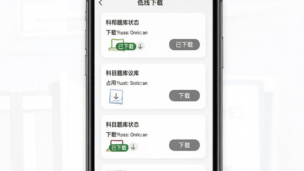 药师题库帮离线下载界面,手机屏幕展示,页面显示各科目题库的下载状态和占用空间,部分科目显示“已下载”绿色标签,部分显示“下载”按钮,背景为白色,卡片式列表布局,风格清爽,画质干净,无多余元素
