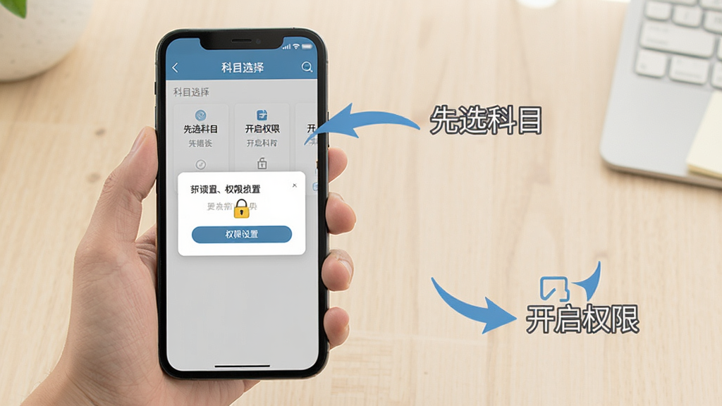 药师题库帮使用教程示意图,手机屏幕展示,画面中一只手拿着手机,屏幕上显示科目选择界面和权限设置弹窗,旁边有箭头标注“先选科目”“开启权限”等步骤提示,背景为浅色桌面,风格清新直观,画质干净无多余元素