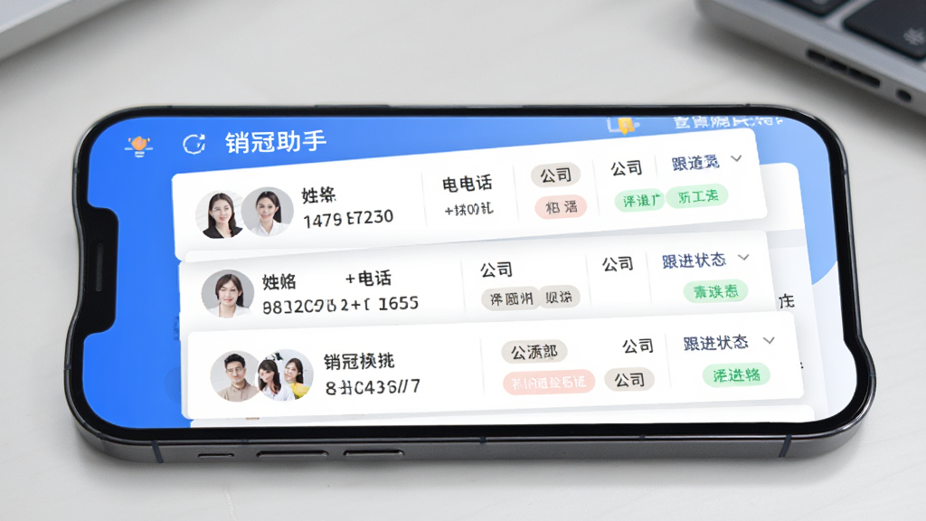 一张展示“销冠助手”客户管理界面的AI生图,图片主体是一部智能手机,屏幕显示“销冠助手”APP的客户列表页面,每个客户卡片上显示姓名、电话、公司、标签和跟进状态,界面以蓝白配色为主,布局整齐,风格简洁商务,画质干净无多余元素。