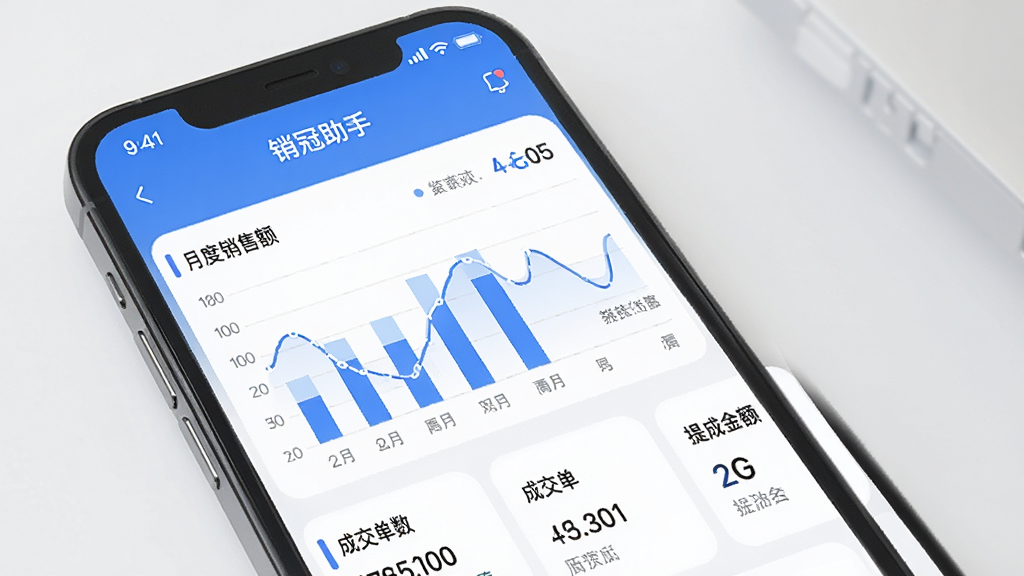 一张展示“销冠助手”业绩统计页面的AI生图,手机屏幕显示“销冠助手”APP的数据统计界面,有月度销售额柱状图、成交单数、提成金额等数据卡片,界面以蓝白配色为主,图表清晰,风格现代扁平,画质干净无多余元素。