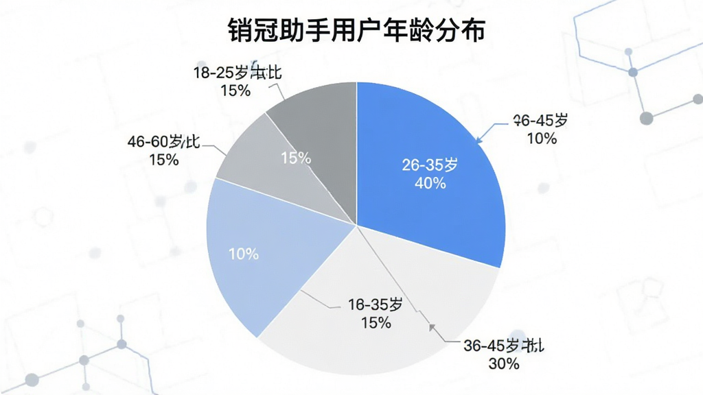 一张展示“销冠助手”用户年龄分布的饼状图,图表标题为“销冠助手用户年龄分布”,图中显示18-25岁占比15%,26-35岁占比40%,36-45岁占比30%,46-60岁占比15%,配色以蓝白灰为主,风格简洁清晰,画质干净无多余元素。