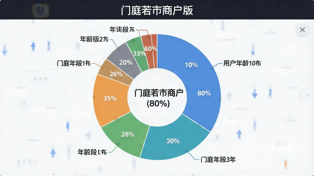 一张展示门庭若市商户版用户年龄分布的饼状图,主体是饼图,布局为中心显示百分比,四周标注年龄段,风格数据可视化,细节清晰,画质干净,图片中文字为“门庭若市商户版”