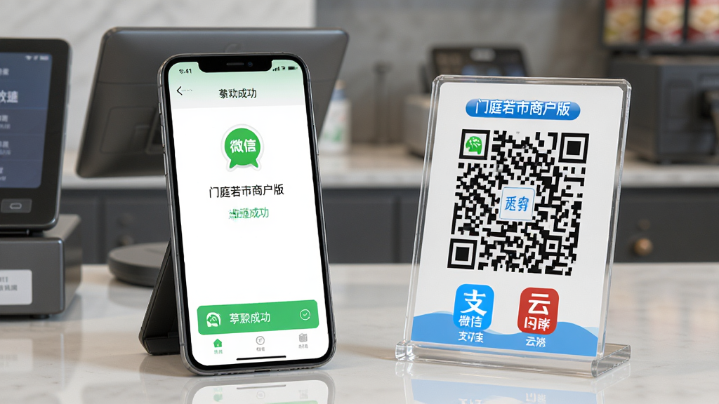 一张展示门庭若市商户版多通道收款聚合功能的图片,主体是收银台上的手机和二维码立牌,布局为左侧手机显示收款成功界面,右侧二维码立牌标注微信支付宝云闪付图标,风格写实商务,细节清晰,画质干净,图片中文字为“门庭若市商户版”
