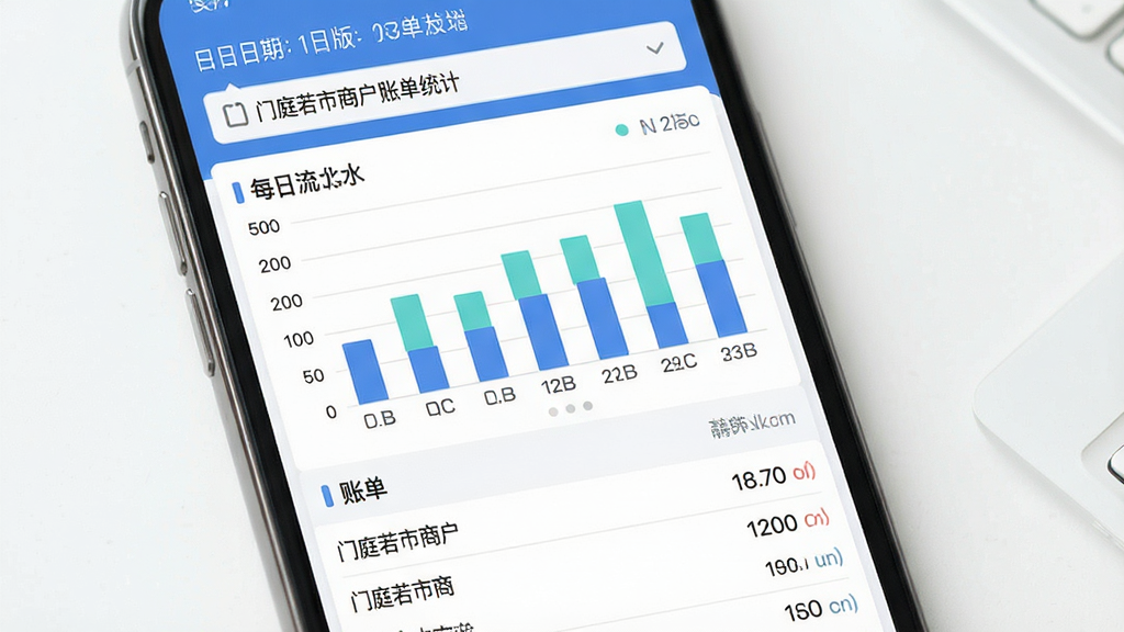 一张展示门庭若市商户版账单统计页面的图片,主体是手机屏幕,布局为顶部日期筛选栏,中间是柱状图展示每日流水,底部为账单列表,风格简洁数据可视化,细节清晰,画质干净无多余元素,图片中文字为“门庭若市商户版”