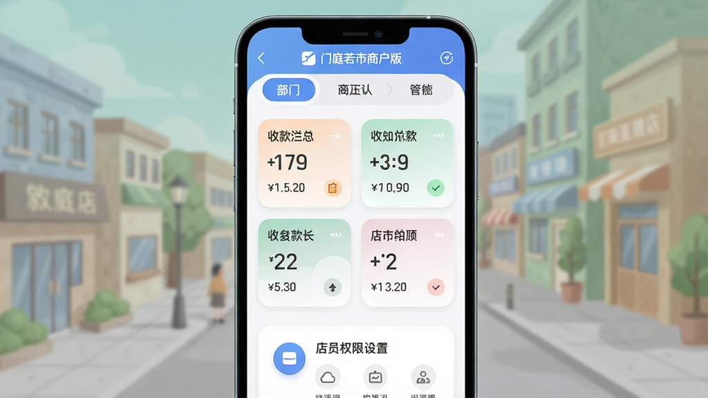 一张展示门庭若市商户版多门店管理功能的图片,主体是手机屏幕,布局为顶部门店切换选项卡,中间是各门店收款汇总卡片,底部为店员权限设置入口,风格现代扁平,细节圆润,画质干净,图片中文字为“门庭若市商户版”