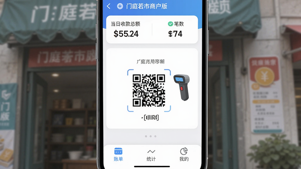 一张手机展示门庭若市商户版收款主界面的图片,主体是手机屏幕,布局为顶部显示当日收款总额和笔数,中间是收款二维码和扫码枪图标,底部为账单、统计和我的三个选项卡,风格现代扁平,细节圆润,画质干净无多余元素,图片中文字为“门庭若市商户版”