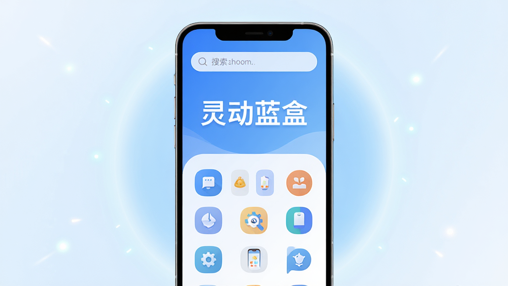 画面中央是一个打开的手机界面,屏幕显示“灵动蓝盒”四个大字,界面采用蓝白渐变配色,布局简洁,上方是搜索栏,中间是整齐排列的工具图标网格,图标风格扁平圆润,背景为淡蓝色光晕,整体风格现代清新,细节干净,无多余元素,画质高清,手机周围有轻微光效点缀。