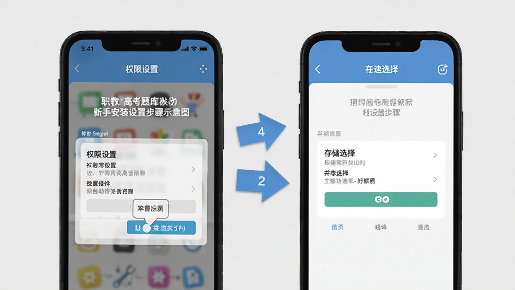 职教高考题库新手安装设置步骤示意图,手机屏幕显示权限设置和存储选择界面,旁边有清晰的步骤箭头标注,背景是浅灰色,风格扁平化,画质干净,文字说明清晰,帮助用户快速上手