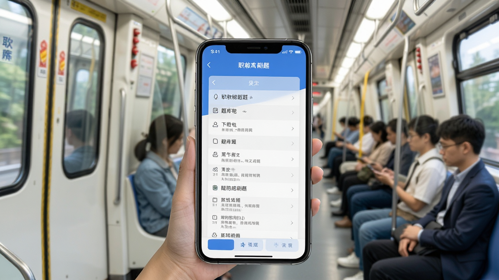 职教高考题库离线下载功能展示图,手机屏幕显示已下载的题库包和离线刷题界面,背景是地铁车厢场景,画面明亮,风格生活化,文字清晰,突出随时随地刷题的便捷性