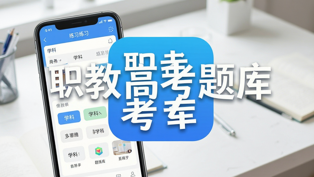 一张展示职教高考题库APP核心界面的手机截图,画面中央是醒目的职教高考题库文字标识,背景是干净的书桌场景,手机屏幕显示着题库练习界面和学科分类按钮,整体风格明亮清新,画质干净无多余元素,文字清晰可辨,适合作为应用推荐配图